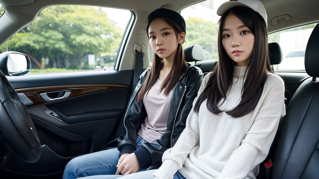 Indonesian girl 18-year-old  Hairstyle Casual, F Cup Breasts with casual hat uptown  wearing   random rich clothes casual long pants in car