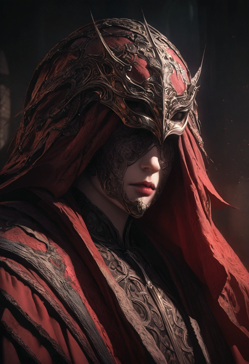 a vampire assassin in dark clothes, mask covering their face, detailed intricate costume, hyperrealistic, cinematic lighting, moody atmosphere, digital painting, dramatic shadows, rich colors, chiaroscuro, dark and gloomy, ultra-detailed, 8k, masterpiece, photorealistic, highly detailed, sharp focus
