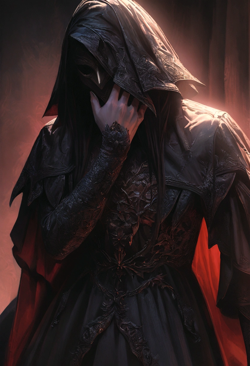 a vampire assassin in dark clothes, mask covering their face, detailed intricate costume, hyperrealistic, cinematic lighting, moody atmosphere, digital painting, dramatic shadows, rich colors, chiaroscuro, dark and gloomy, ultra-detailed, 8k, masterpiece, photorealistic, highly detailed, sharp focus