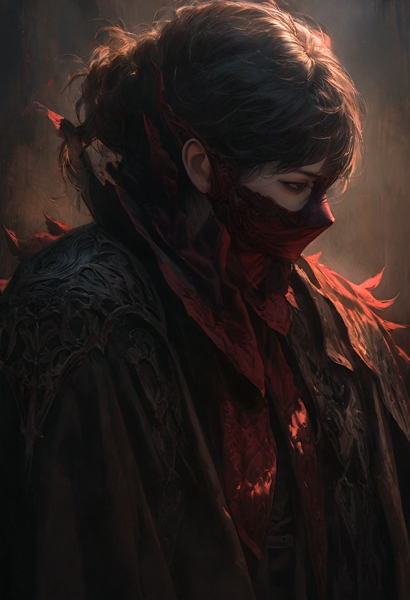a vampire assassin in dark clothes, mask covering their face, detailed intricate costume, hyperrealistic, cinematic lighting, moody atmosphere, digital painting, dramatic shadows, rich colors, chiaroscuro, dark and gloomy, ultra-detailed, 8k, masterpiece, photorealistic, highly detailed, sharp focus