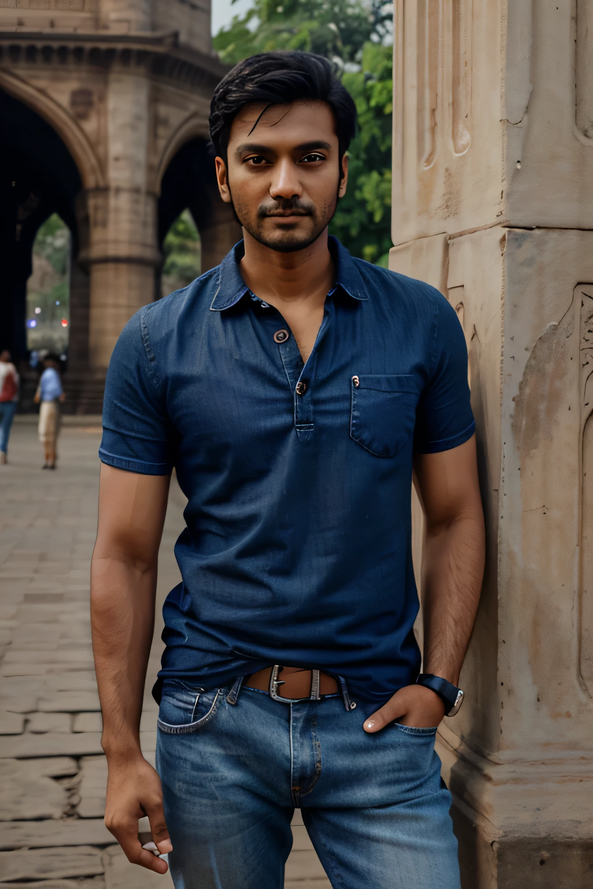 Hot indian realistic guy beautiful face detailed eys and textured skin looking straight into eyes standing near gateway of india wearing casual shirt and jeans 