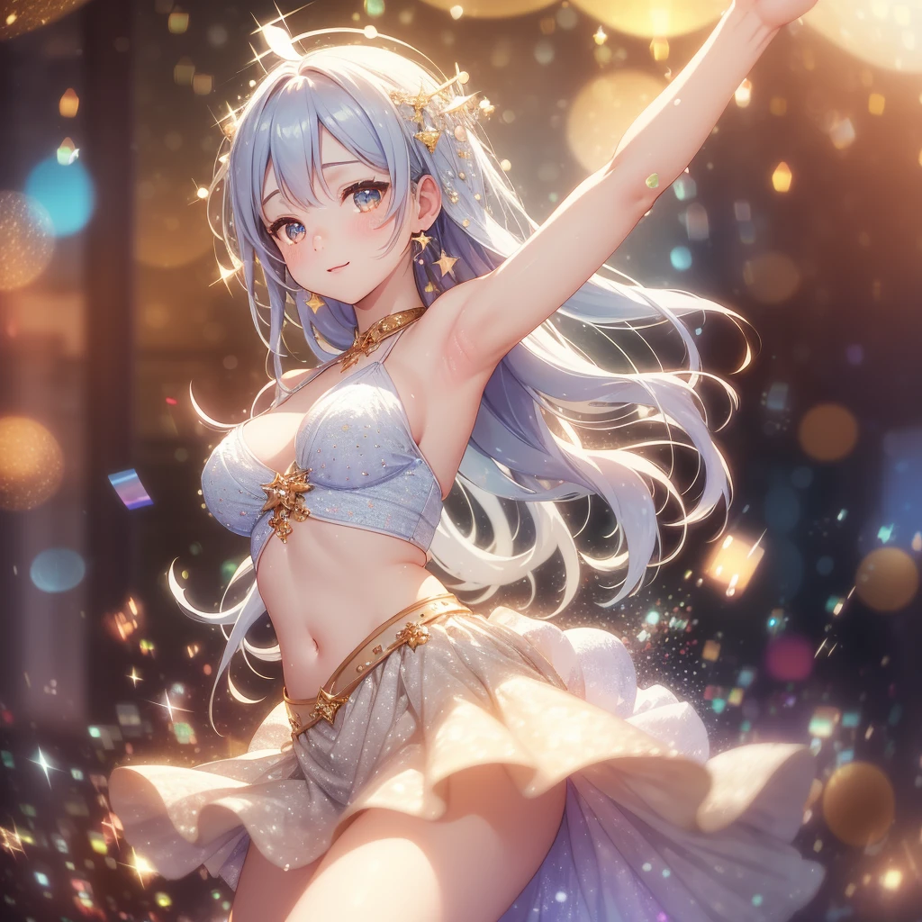 Colorful music stage, Beautiful idols, Idol costumes, Beautiful faces, Beautiful legs, Colorful colors, Detailed background, Beautiful singing voice, Fantastic atmosphere, High quality, 8K Ultra HD, 3D effect, Animation style digital illustration, Soft cartoon style, 3D effect, Luminism, 3D rendering, Octane Rendering, Isometric, Full Color, Delicate Anime Character Expressions, Whimsical Lighting, Captivating Atmosphere, Soft Textures, Imaginative Artwork, Mysterious Glow, Silent Luminescence, Sparkling Stars, Vivid Background, Full Length, (((Rule of Thirds))), High Quality Description: (Bokeh: 2), High Detail, High Resolution, (Bokeh: 2), Backlight, Long Exposure: 2, Emphasis on the armpit and clavicle closeup, long-skirt