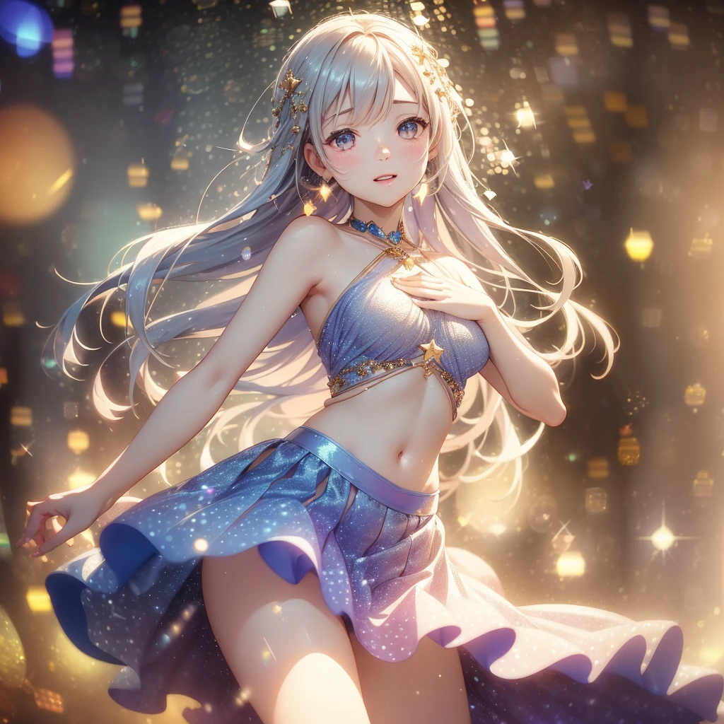 Colorful music stage, Beautiful idols, Idol costumes, Beautiful faces, Beautiful legs, Colorful colors, Detailed background, Beautiful singing voice, Fantastic atmosphere, High quality, 8K Ultra HD, 3D effect, Animation style digital illustration, Soft cartoon style, 3D effect, Luminism, 3D rendering, Octane Rendering, Isometric, Full Color, Delicate Anime Character Expressions, Whimsical Lighting, Captivating Atmosphere, Soft Textures, Imaginative Artwork, Mysterious Glow, Silent Luminescence, Sparkling Stars, Vivid Background, Full Length, (((Rule of Thirds))), High Quality Description: (Bokeh: 2), High Detail, High Resolution, (Bokeh: 2), Backlight, Long Exposure: 2, Emphasis on the armpit and clavicle closeup, long-skirt