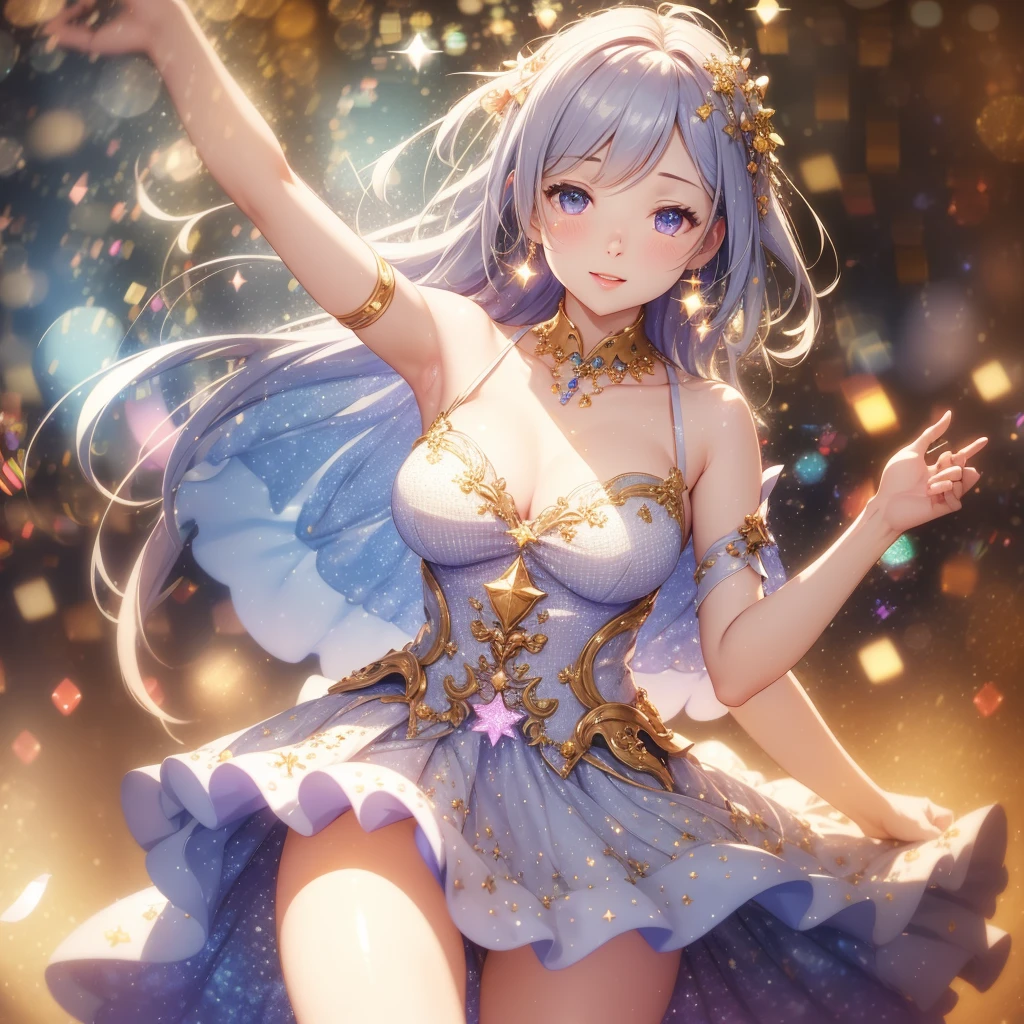Colorful music stage, Beautiful idols, Idol costumes, Beautiful faces, Beautiful legs, Colorful colors, Detailed background, Beautiful singing voice, Fantastic atmosphere, High quality, 8K Ultra HD, 3D effect, Animation style digital illustration, Soft cartoon style, 3D effect, Luminism, 3D rendering, Octane Rendering, Isometric, Full Color, Delicate Anime Character Expressions, Whimsical Lighting, Captivating Atmosphere, Soft Textures, Imaginative Artwork, Mysterious Glow, Silent Luminescence, Sparkling Stars, Vivid Background, Full Length, (((Rule of Thirds))), High Quality Description: (Bokeh: 2), High Detail, High Resolution, (Bokeh: 2), Backlight, Long Exposure: 2, Emphasis on the armpit and clavicle closeup, long-skirt