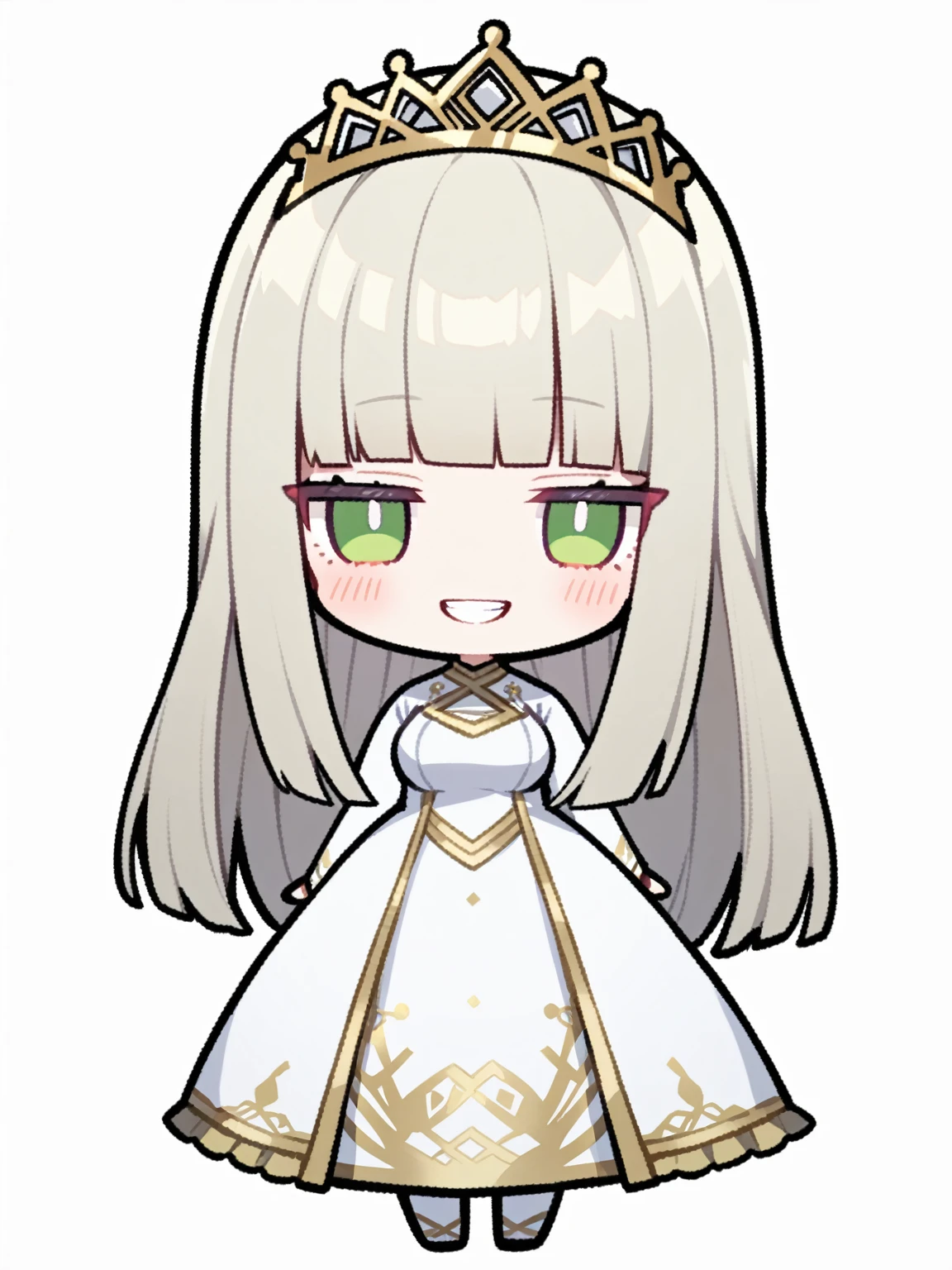 {{{kame (kamepan44231), no humans, chibi, jitome, fumo (doll)}}}, full body, 1 woman, solo, mature female, elegant, princess, medium breasts, platinum blonde hair, long hair, straight hair, long hair, hime cut, green eyes, white dress, gold trim, tiara, facing viewer, blush, bright smile, teeth, half-closed eyes, white background, simple background.
