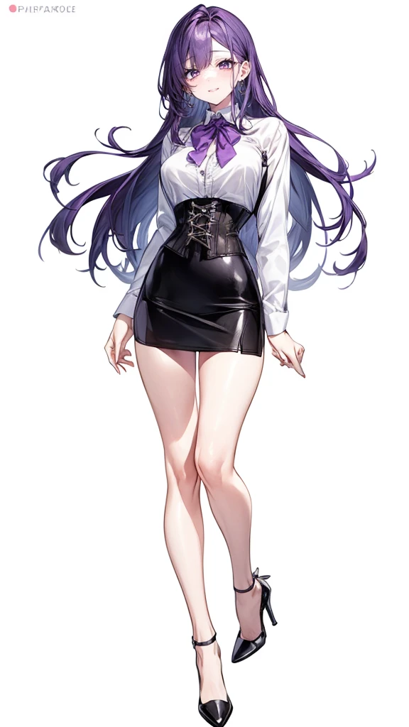 Purple hair,long hair,Adult female,((Rolling up your sleeves shirt)),Open chest,(Corset),(Tight skirt),(high heels),((Simple White background)),Smile,((Full body)),((whole body)),Character Sheet,