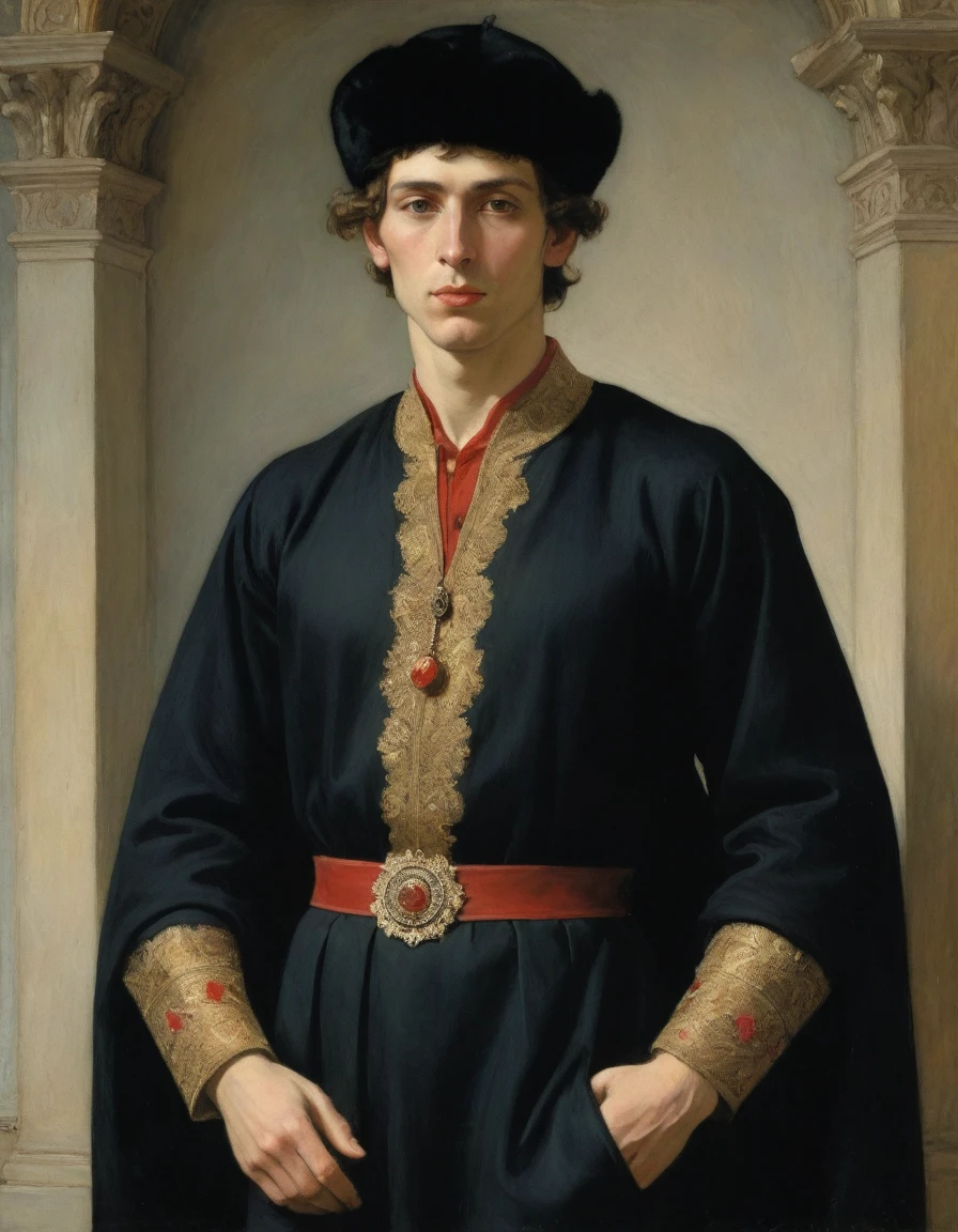 Design me a {{Colossal Masterpiece, high detail}}, a ((((full body portrait, male focus)))), (((by Moebius Jean Giraud))), ((by Philipp Otto Runge)), (by J. C. Leyendecker), the composition is: (((a very young male nobleman, sullen, facing viewer. He is wearing a fur hat. He is wearing a black Mughal caftan with Praetorian elements, sashes, medals, red diamond pendants)))