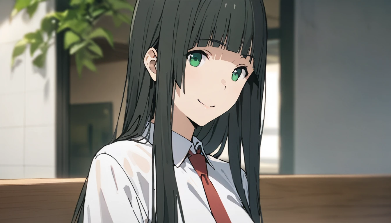 Everyone Makoto,One girl, alone, tie, Green Eyes, Black Hair, Long Hair, shirt, smile, bangs, View Viewer, white shirt, , blunt bangs, Upper Body, red tie, Blurred, collared shirt, Blurred background, indoor, Mouth closed, plant, Side Lock, Straight hair,
masterpiece, highest quality,New,
