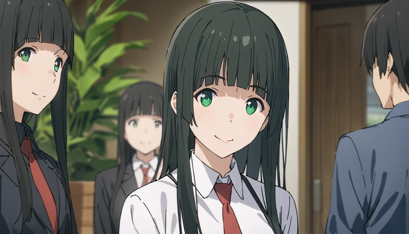 Everyone Makoto,One girl, alone, tie, Green Eyes, Black Hair, Long Hair, shirt, smile, bangs, View Viewer, white shirt, , blunt bangs, Upper Body, red tie, Blurred, collared shirt, Blurred background, indoor, Mouth closed, plant, Side Lock, Straight hair,
masterpiece, highest quality,New,
