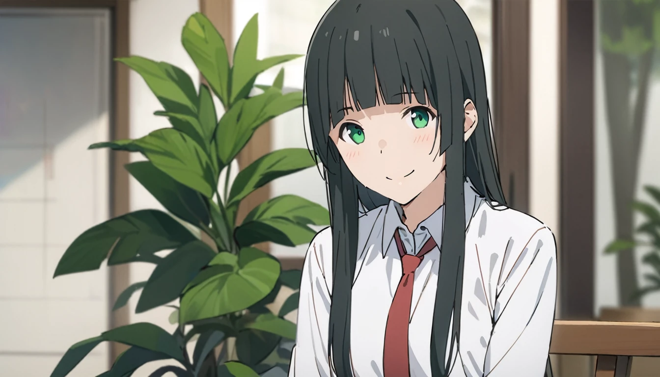 Everyone Makoto,One girl, alone, tie, Green Eyes, Black Hair, Long Hair, shirt, smile, bangs, View Viewer, white shirt, , blunt bangs, Upper Body, red tie, Blurred, collared shirt, Blurred background, indoor, Mouth closed, plant, Side Lock, Straight hair,
masterpiece, highest quality,New,
