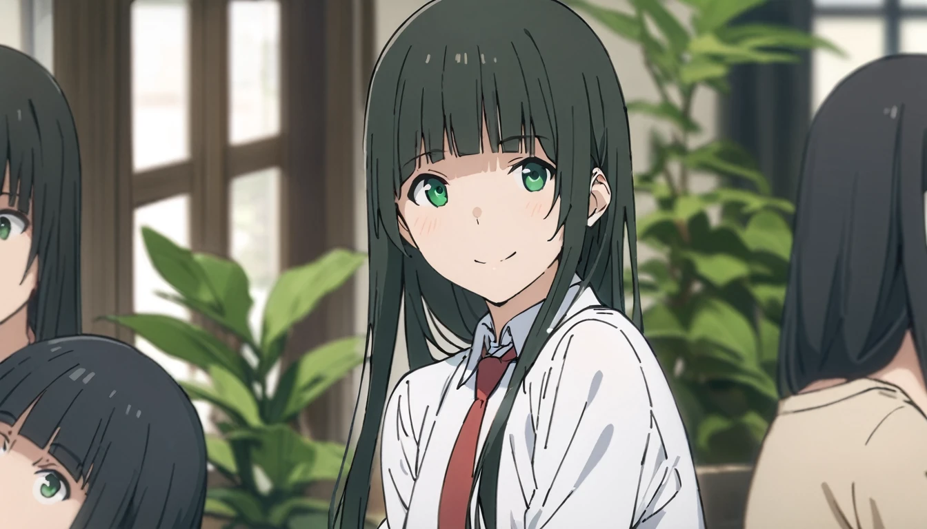 Everyone Makoto,One girl, alone, tie, Green Eyes, Black Hair, Long Hair, shirt, smile, bangs, View Viewer, white shirt, , blunt bangs, Upper Body, red tie, Blurred, collared shirt, Blurred background, indoor, Mouth closed, plant, Side Lock, Straight hair,
masterpiece, highest quality,New,
