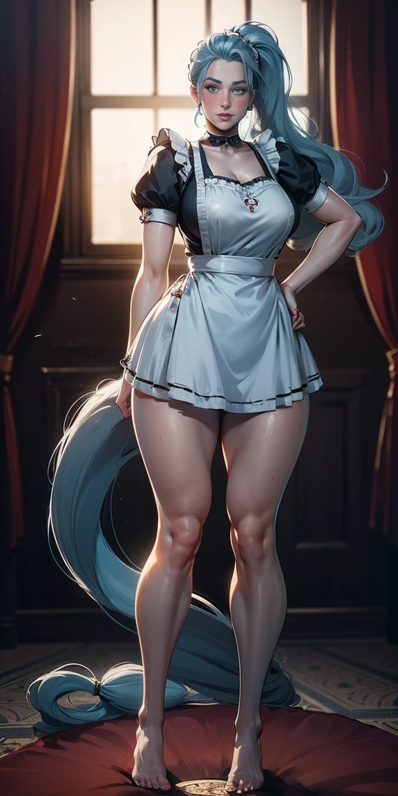 1girl, cute, ((long light blue hair, high ponytail hair, slicked back hair:1.1 girl)), maid victorian, maid apron, straight face, dazed, Body position: Standing, straight, symmetrical, barefoot, Lustful smile on face with red blush,