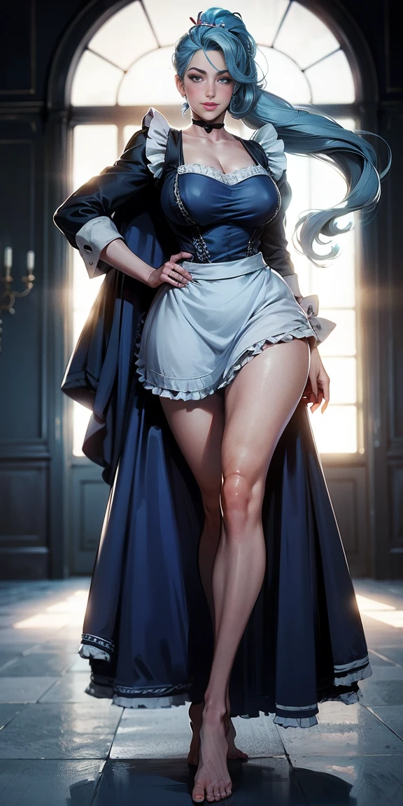 1girl, cute, ((long light blue hair, high ponytail hair, slicked back hair:1.1 girl)), maid victorian, maid apron, straight face, dazed, Body position: Standing, straight, symmetrical, barefoot, Lustful smile on face with red blush,