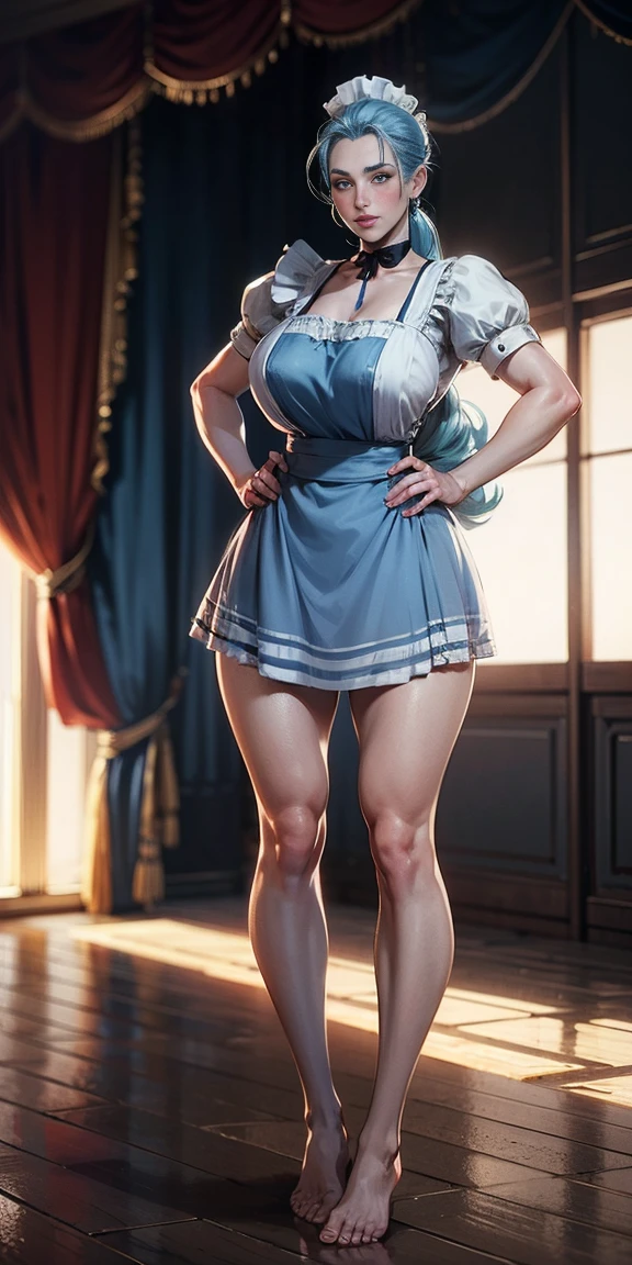 1girl, cute, ((long light blue hair, high ponytail hair, slicked back hair:1.1 girl)), maid victorian, maid apron, straight face, dazed, Body position: Standing, straight, symmetrical, barefoot, Lustful smile on face with red blush,