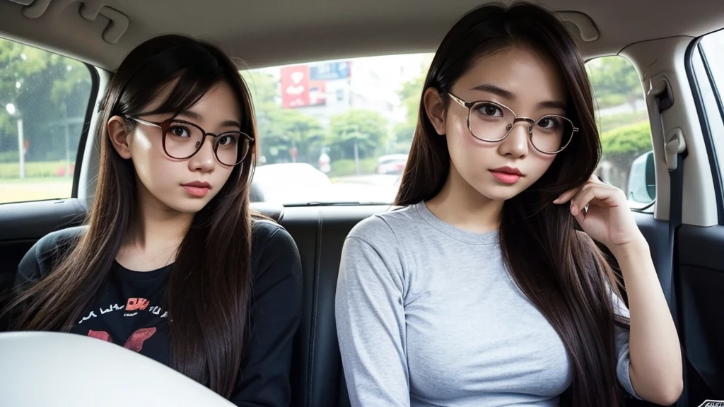 Indonesian girl 20-year-old Hairstyle Casual, F Cup Breasts with glasses wearing casual uptown in car and driving this car with her friend