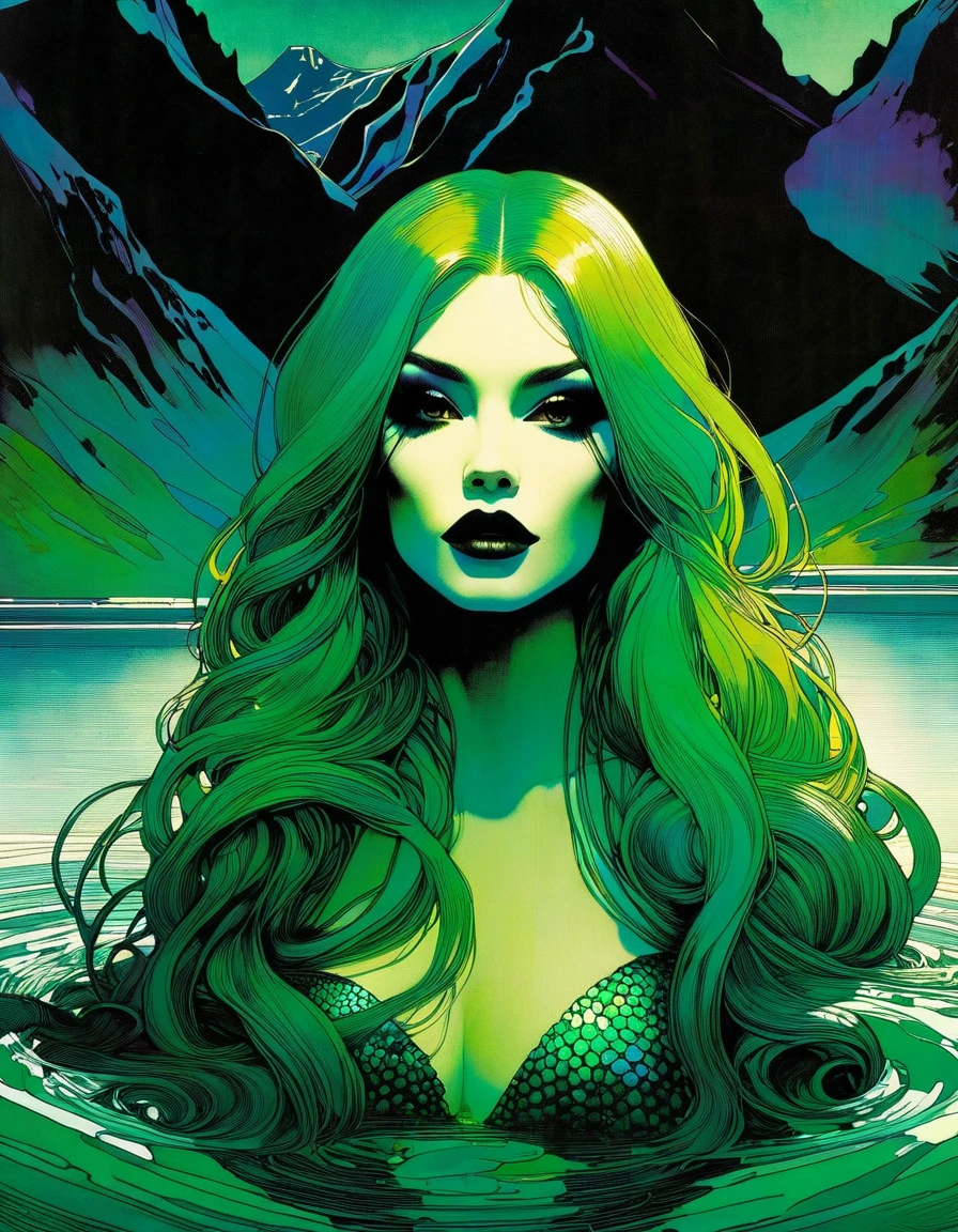 green hair, She is a mermaid with a long tail of an green-haired fish and very beautiful, she is sitting cheerful and quiet, in the lake with an enclosed mountain, low and bright Darksynth aesthetic, minimalist background, gothic makeup, weird fashion photography, ultra detailed, masterpiece. night, God, full body, Decorative panels, Abstract artistic, Alphonse Mucha (tmasterpiece, Best quality, A high resolution: 1.4), A detailed, Complicated details,(art inspired by Bill Sienkiewicz) oil painting, details of brush strokes that enhance depth)