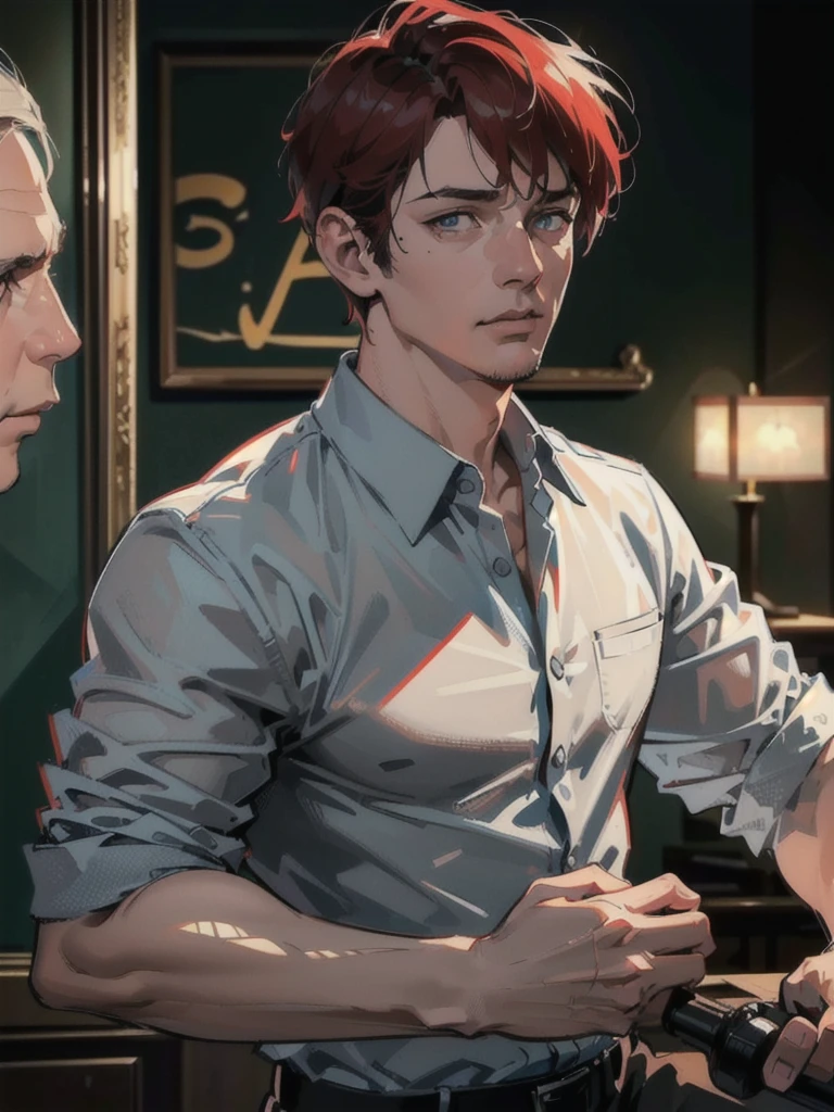 a 40 year old man ((red short hair:1.0)), grey eyes, moles all over the face, wearing an official uniform, masculinity, teacher, (best quality,4k,8k,highres,masterpiece:1.2),ultra-detailed,(realistic,photorealistic,photo-realistic:1.37),cinematic lighting,highly detailed face and body,sharp focus,vivid colors,anime style