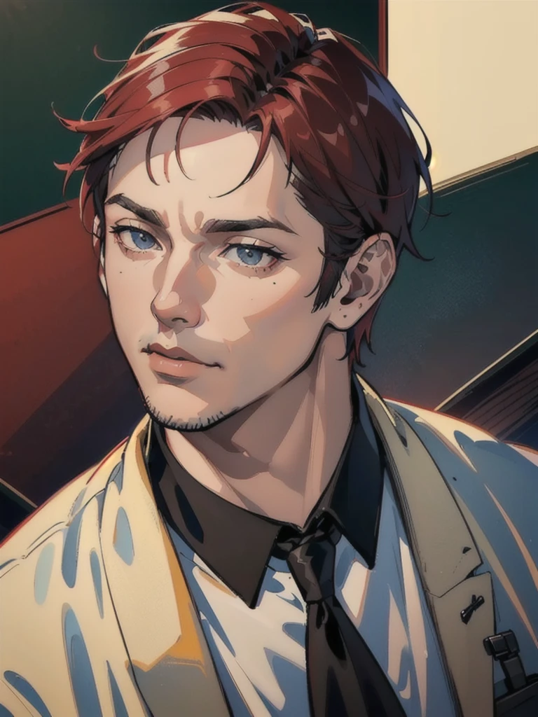 a 40 year old man ((red short hair:1.0)), grey eyes, moles all over the face, wearing an official uniform, masculinity, teacher, (best quality,4k,8k,highres,masterpiece:1.2),ultra-detailed,(realistic,photorealistic,photo-realistic:1.37),cinematic lighting,highly detailed face and body,sharp focus,vivid colors,anime style