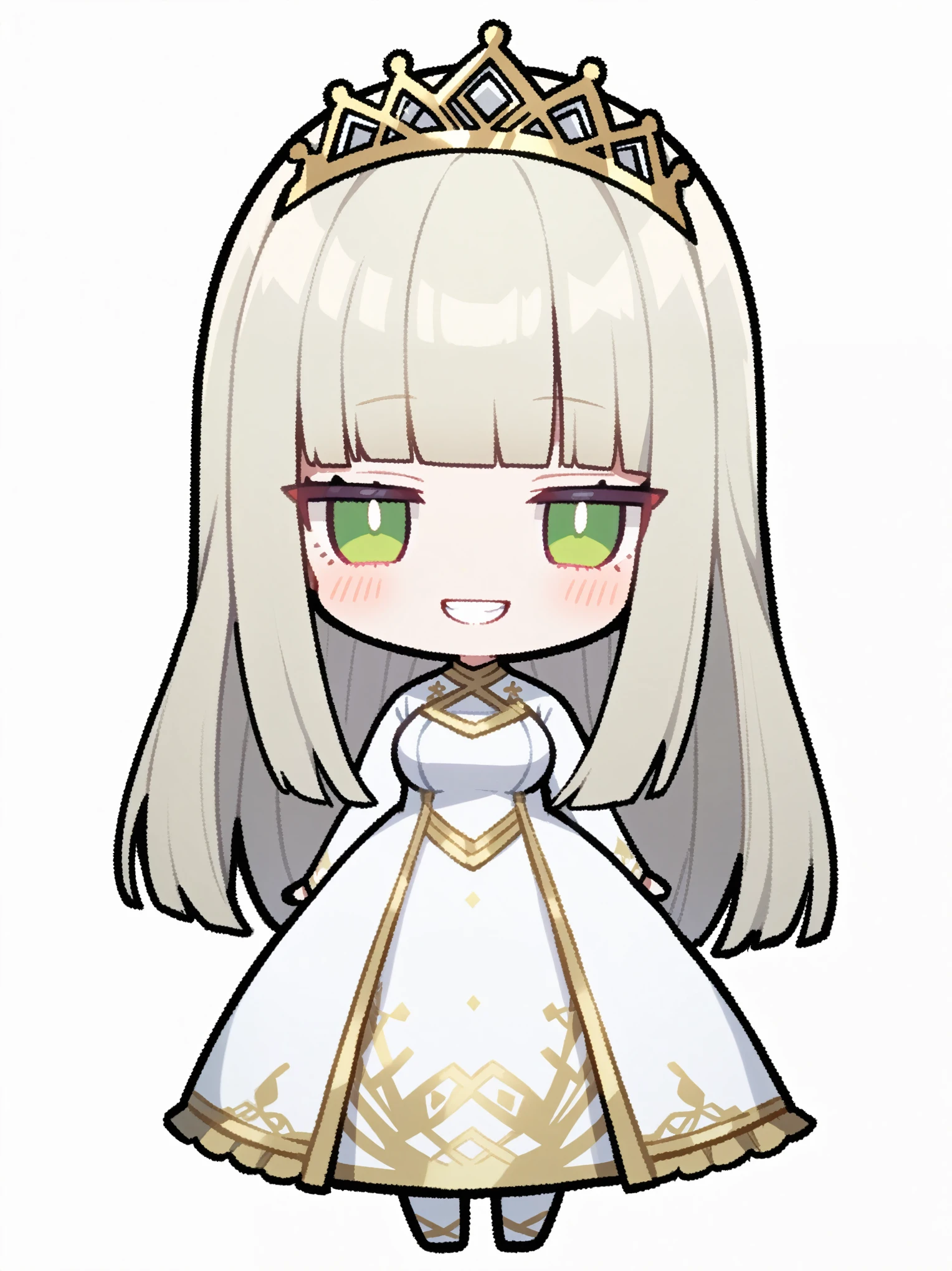 {{{kame (kamepan44231), no humans, chibi, jitome, fumo (doll)}}}, full body, 1 woman, solo, mature female, elegant, princess, medium breasts, platinum blonde hair, long hair, straight hair, long hair, hime cut, green eyes, white dress, gold trim, tiara, facing viewer, blush, bright smile, teeth, half-closed eyes, white background, simple background.