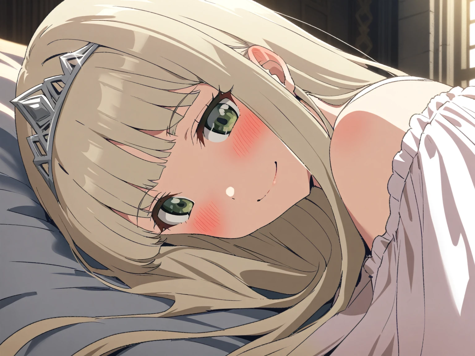 {{cowboy shot, face focus, sideways, pov, from side}} {{Artist: Sincos}} 1 woman ,solo, mature female, elegant, princess, medium breasts, straight hair, platinum blonde hair, long hair, hime cut, green eyes, nightgown, tiara lying on bed, smile, blush, indoors, palace bedroom, moonlight from window, medieval fantasy.

