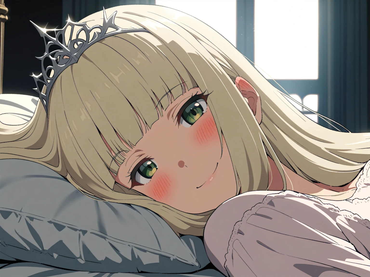 {{cowboy shot, face focus, sideways, pov, from side}} {{Artist: Sincos}} 1 woman ,solo, mature female, elegant, princess, medium breasts, straight hair, platinum blonde hair, long hair, hime cut, green eyes, nightgown, tiara lying on bed, smile, blush, indoors, palace bedroom, moonlight from window, medieval fantasy.