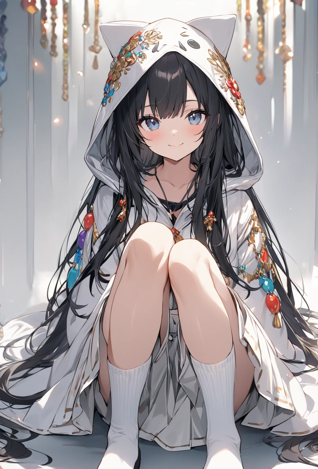 ((highest quality)), ((masterpiece)), ((Very detailed)), (Very cute),A gentle-looking woman with black hair and a smile, about 165cm tall,A woman with a cute smile wearing a hooded parka with cool decorations on her long hair, alone, Cute attitude,(background(bright),Long Hair - Straight,Knee-high socks、A heavily decorated white hakama with a hood,White wall、Sitting、Facing the viewer