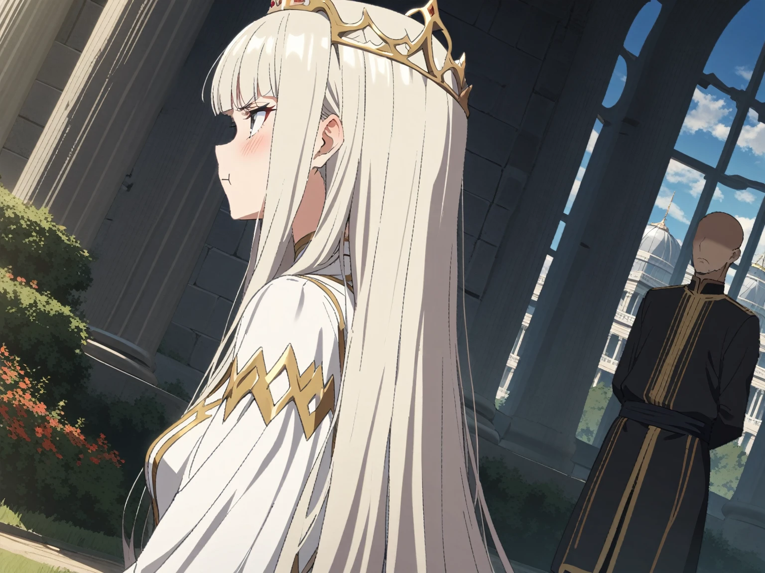 {{portrait, dutch angle}} {{Artist: Sincos}} 1 woman, 2 guards on either side restraining her, 2 men wearing armor, mature female, elegant, princess, medium breasts, straight hair, platinum blonde hair, long hair, hime cut, green eyes, white dress, gold trim, tiara, looking to side, pout, restrained by two men, faceless male, outdoors, garden, palace, cloudy, moonlight, window.
