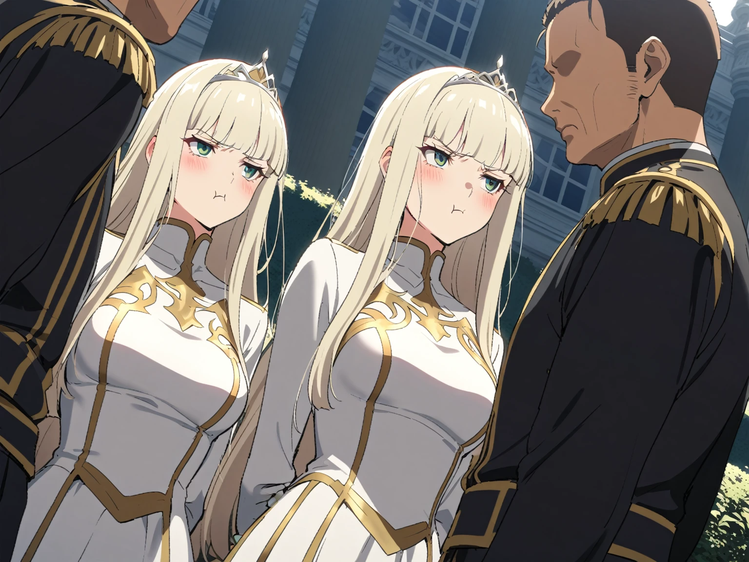 {{portrait, dutch angle}} {{Artist: Sincos}} 1 woman, 2 guards on either side restraining her, 2 men wearing armor, mature female, elegant, princess, medium breasts, straight hair, platinum blonde hair, long hair, hime cut, green eyes, white dress, gold trim, tiara, looking to side, pout, restrained by two men, faceless male, outdoors, garden, palace, cloudy, moonlight, window.
