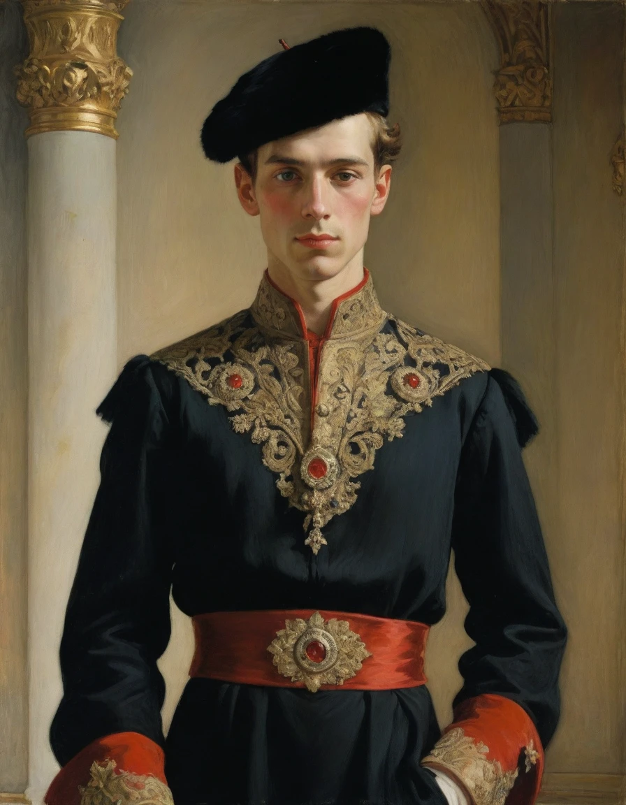 Design me a {{Colossal Masterpiece, high detail}}, a ((((full body portrait, male focus)))), (((by Moebius Jean Giraud))), ((by Anders Zorn)), (by J. C. Leyendecker), the composition is: (((a very young male nobleman, sullen, facing viewer. He is wearing a fur hat. He is wearing a black Mughal caftan with Praetorian elements, sashes, medals, red diamond pendants)))