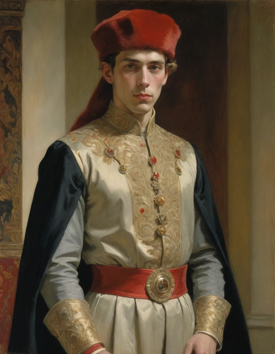 Design me a {{Colossal Masterpiece, high detail}}, a ((((full body portrait, male focus)))), (((by Moebius Jean Giraud))), ((by Anders Zorn)), (by J. C. Leyendecker), the composition is: (((a very young male nobleman, sullen, facing viewer. He is wearing a fur hat. He is wearing a black Mughal caftan with Praetorian elements, sashes, medals, red diamond pendants)))
