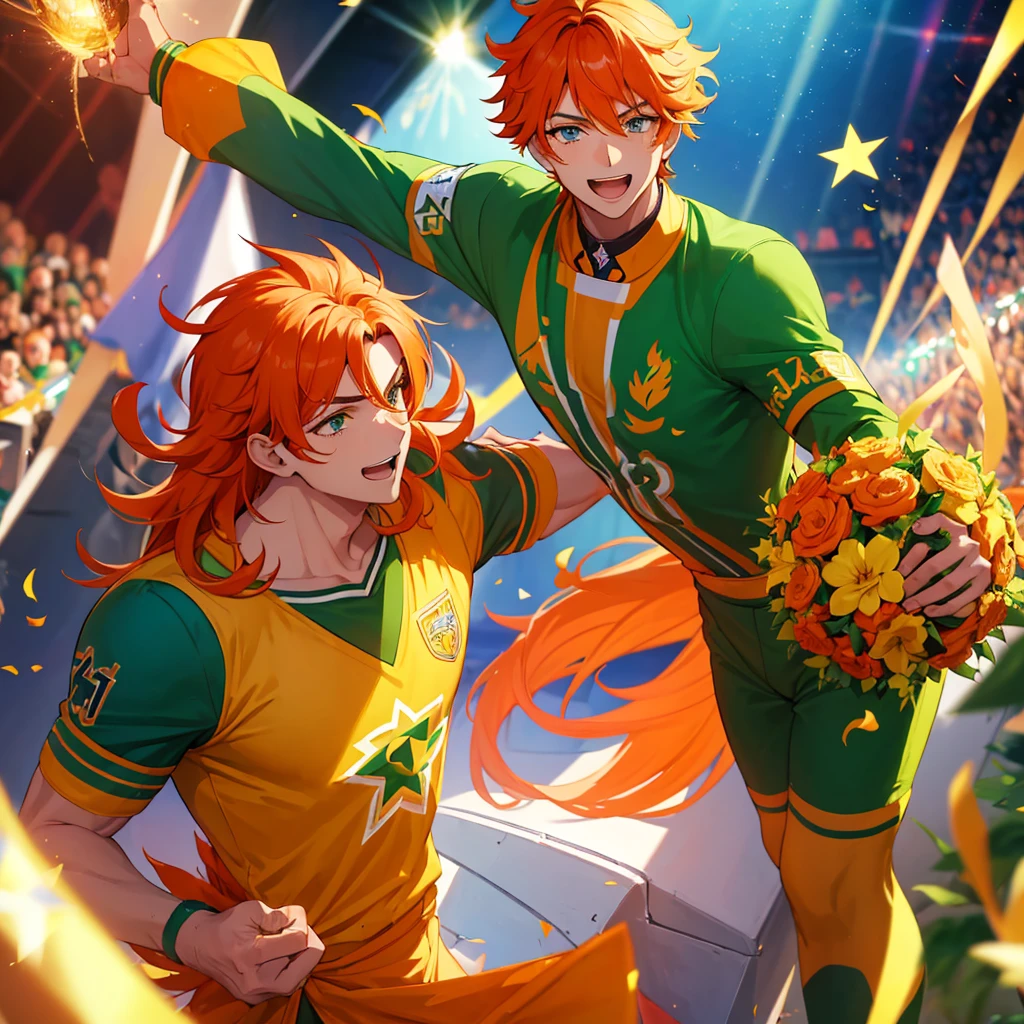 (Obra-prima, melhor qualidade: 1.2) Anime boy, with a vibrant orange hair, prancing with exuberance in a lush, green football field, wearing the star-studded uniform of his school, surrounded by cheering crowd. A shining trophy in one hand and a determined look in his eyes, he is the pride of his school, one of the star pupils.