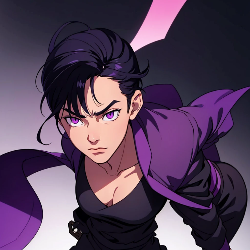 short black hair, highres, high resolution, masterpiece, wide purple eyes, talking, stoic, confident, masterpiece, best quality, highres, 1 man, Ghetto Suguru jujutsu kaisen, quiff haircut, straight hair, black hair, short hair, teenager, colorful hair, light background, full body, teenager, colorful parts, symbols, dark , bold, realistic mixing dark lines and loose lines, bold lines, on paper, human man, full body, intimidating pose, stylish outfit, dark theme, beautiful, pretty, modest, standing, male, sharp chin, high cheekbones, white background, highres, high resolution, masterpiece