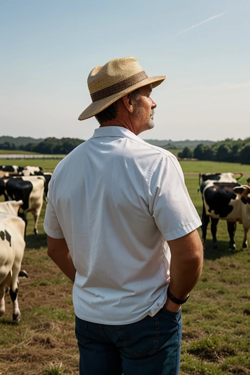 I would like the image of a middle-aged man with a hat turning his back and surrounded by cows