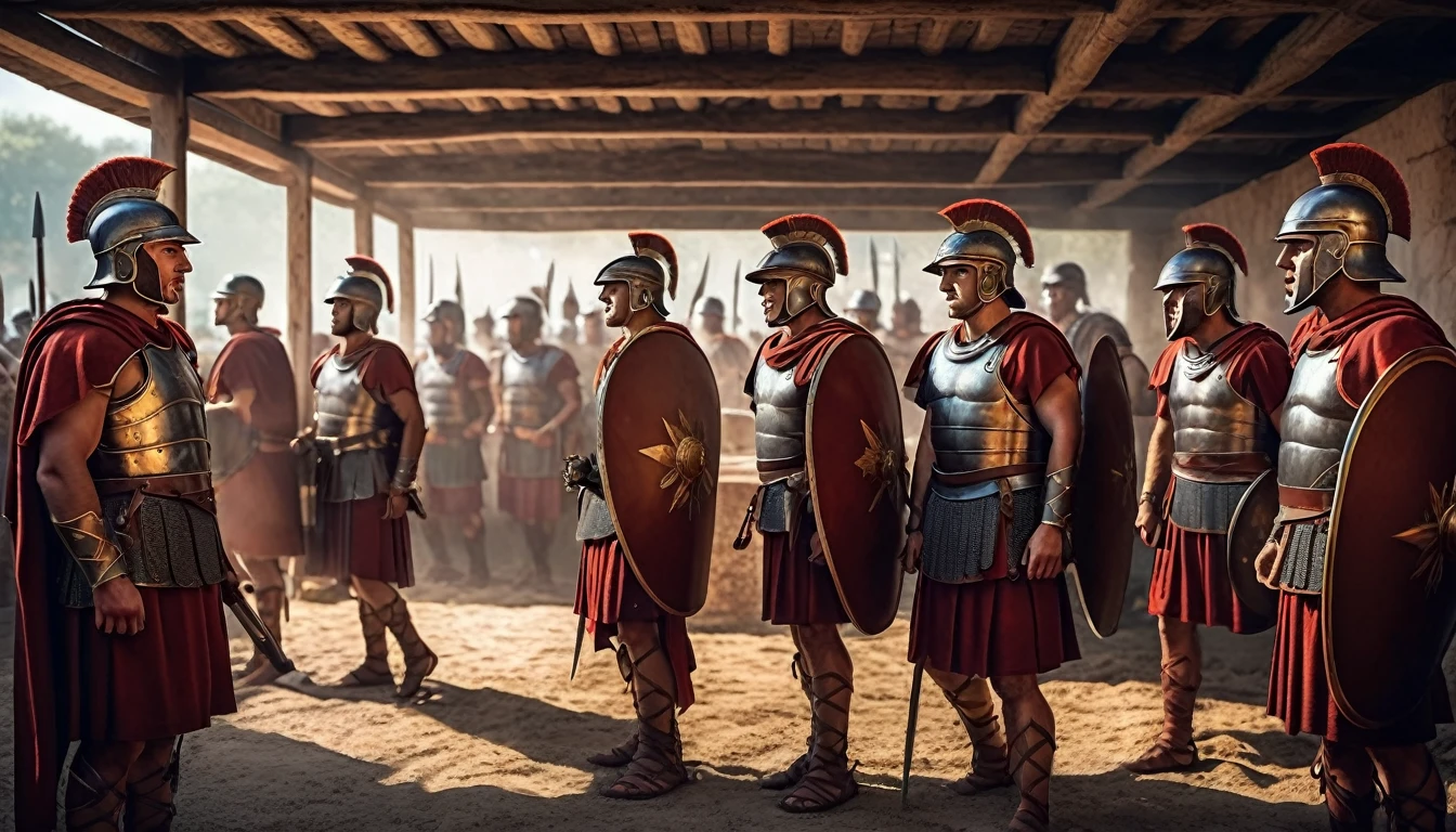 a highly detailed illustration of ancient Roman soldiers in training within a military camp of the Roman Empire, roman empire uniforms and armors, detailed armor and weapons, realistic textures, volumetric lighting, dramatic lighting, cinematic composition, epic scale, concept art style, photorealistic