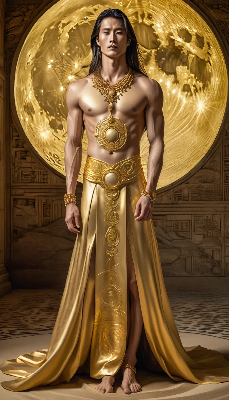 golden statue, sexy man, high, with long, straight hair, golden skin, gold jewelry, moon and full moon patterns on clothes, bare to the waist long floor-length skirt, in the building of the sand palace