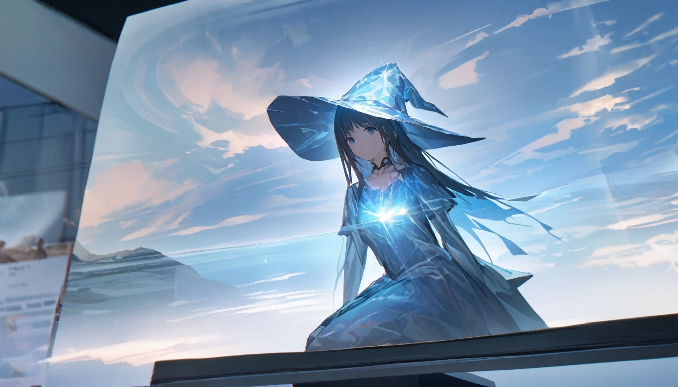 Ray Tracing, Everyone Makoto, One girl, Witch Hat, dress, clean, In the sky, flight, landscape, Sit down to clean,, masterpiece, highest quality, New,holo,1girl,Floating body, solo,****3,best quality, ultra detailed, highres, 4k, extremely detailed CG, detailed skin,photo background photo \(object\),The holographic figurine of the girl, delicately placed on the table, seems to hover effortlessly in the air, (almost ethereal in its transparency:1.2). Soft, faint shadows dance around her, accentuating the illusion of weightlessness. The hologram emits a subtle, otherworldly glow, reflecting and refracting light in mesmerizing patterns. In front of her, barely perceptible ripples create a sense of depth, enhancing the ethereal quality of the hologram. Despite its transparency, the hologram retains a lifelike quality, evoking a sense of wonder and magic,transparentbody,(Invisible body:1.2),(permeation through the human body:1.2),Blue hologram,(Translucent Blue hologram body:1.2), 