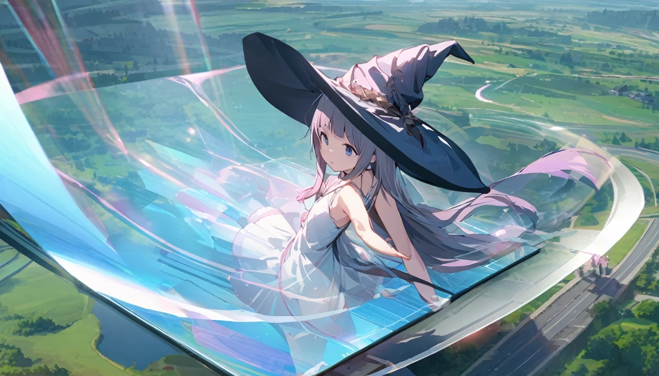 Ray Tracing, Everyone Makoto, One girl, Witch Hat, dress, clean, In the sky, flight, landscape, Sit down to clean,, masterpiece, highest quality, New,holo,1girl,Floating body, solo,loli3,best quality, ultra detailed, highres, 4k, extremely detailed CG, detailed skin,photo background photo \(object\),The holographic figurine of the girl, delicately placed on the table, seems to hover effortlessly in the air, (almost ethereal in its transparency:1.2). Soft, faint shadows dance around her, accentuating the illusion of weightlessness. The hologram emits a subtle, otherworldly glow, reflecting and refracting light in mesmerizing patterns. In front of her, barely perceptible ripples create a sense of depth, enhancing the ethereal quality of the hologram. Despite its transparency, the hologram retains a lifelike quality, evoking a sense of wonder and magic,transparentbody,(Invisible body:1.2),(permeation through the human body:1.2),Blue hologram,(Translucent Blue hologram body:1.2), 