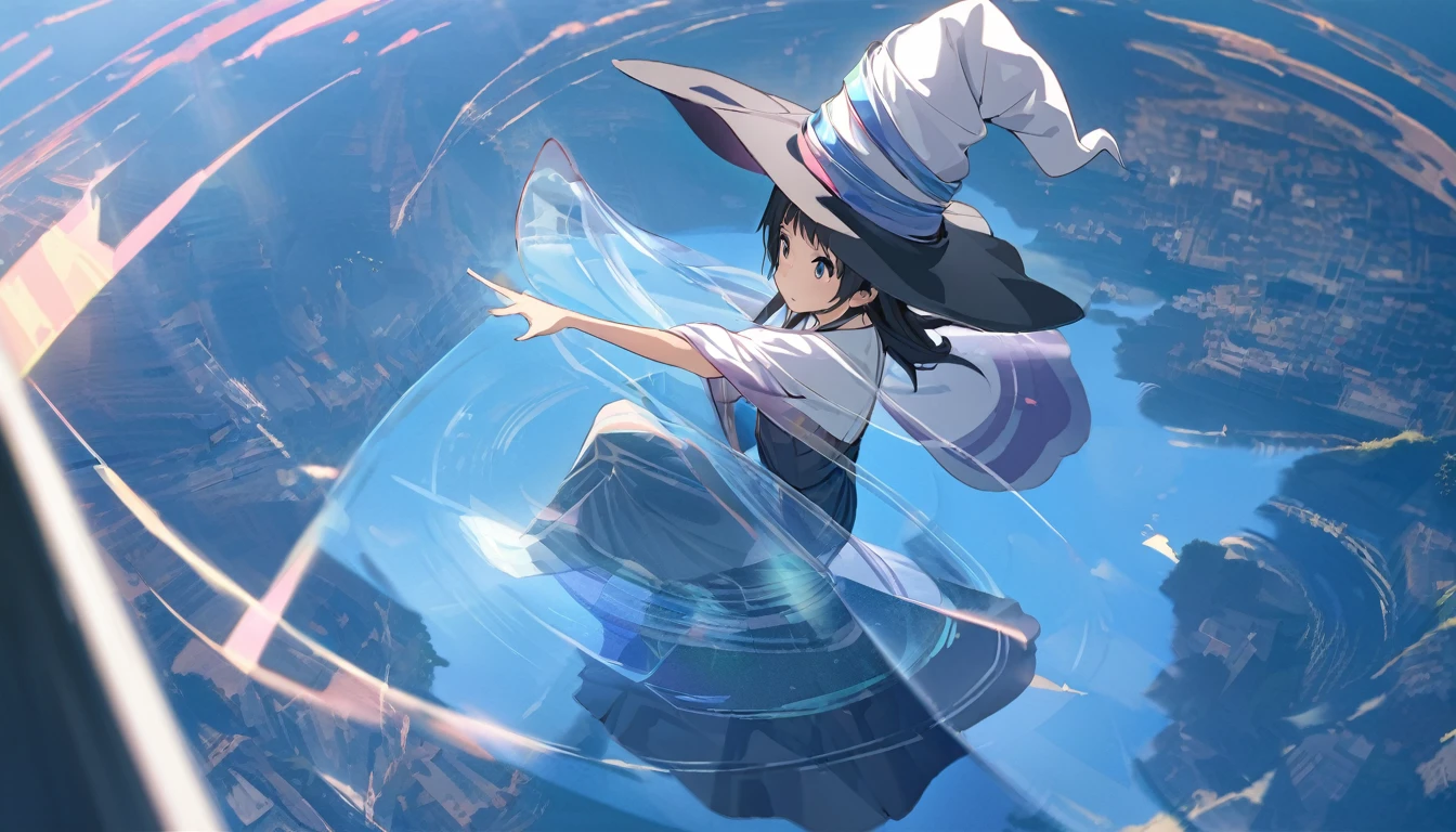 Ray Tracing, Everyone Makoto, One girl, Witch Hat, dress, clean, In the sky, flight, landscape, Sit down to clean,, masterpiece, highest quality, New,holo,1girl,Floating body, solo,****3,best quality, ultra detailed, highres, 4k, extremely detailed CG, detailed skin,photo background photo \(object\),The holographic figurine of the girl, delicately placed on the table, seems to hover effortlessly in the air, (almost ethereal in its transparency:1.2). Soft, faint shadows dance around her, accentuating the illusion of weightlessness. The hologram emits a subtle, otherworldly glow, reflecting and refracting light in mesmerizing patterns. In front of her, barely perceptible ripples create a sense of depth, enhancing the ethereal quality of the hologram. Despite its transparency, the hologram retains a lifelike quality, evoking a sense of wonder and magic,transparentbody,(Invisible body:1.2),(permeation through the human body:1.2),Blue hologram,(Translucent Blue hologram body:1.2), 