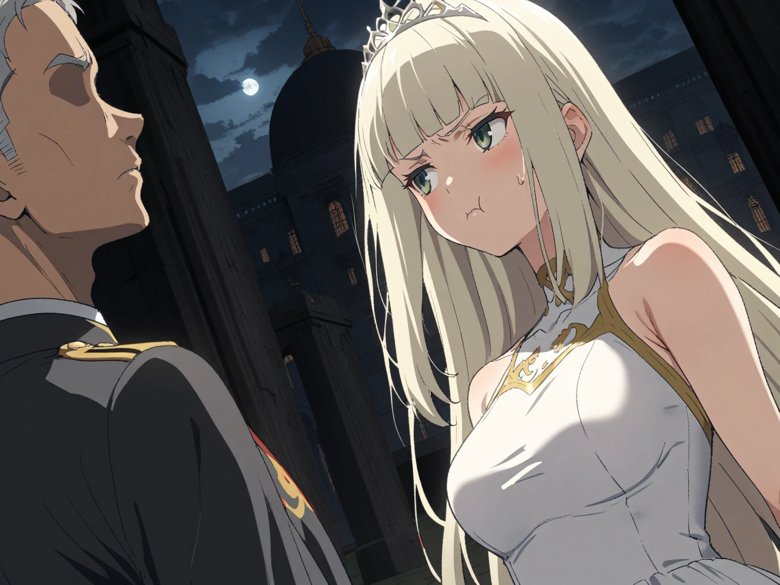 {{portrait, dutch angle}} {{Artist: Sincos}} 1 woman, 2 guards on either side restraining her, 2 men wearing armor, mature female, elegant, princess, medium breasts, straight hair, platinum blonde hair, long hair, hime cut, green eyes, white dress, gold trim, tiara, looking to side, pout, restrained by two men, faceless male, outdoors, garden, palace, cloudy, moonlight, window.
