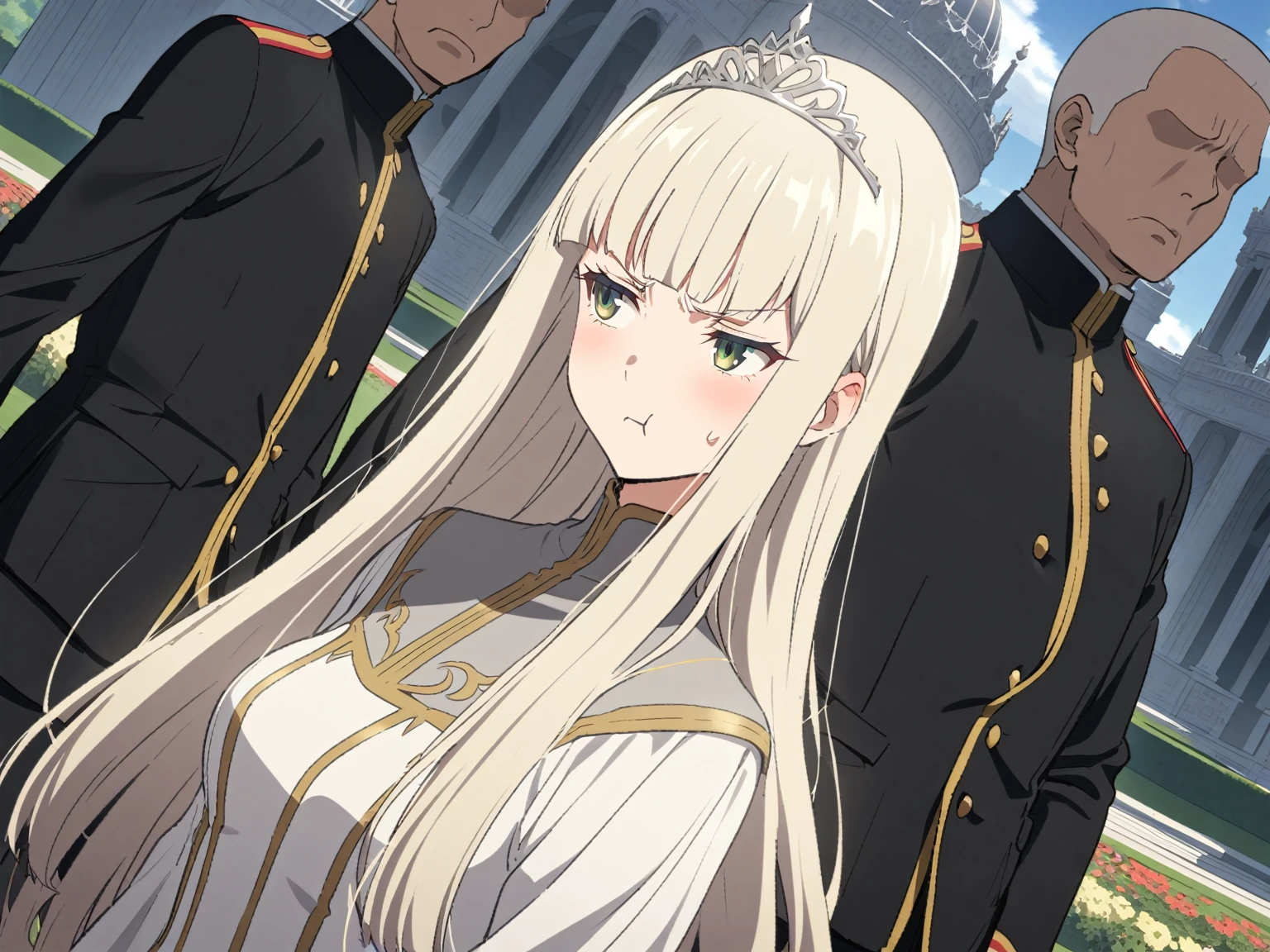 {{portrait, dutch angle}} {{Artist: Sincos}} 1 woman, 2 guards on either side restraining her, 2 men wearing armor, mature female, elegant, princess, medium breasts, straight hair, platinum blonde hair, long hair, hime cut, green eyes, white dress, gold trim, tiara, looking to side, pout, restrained by two men, faceless male, outdoors, garden, palace, cloudy, moonlight, window.