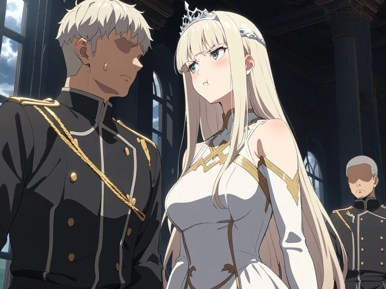 {{portrait, dutch angle}} {{Artist: Sincos}} 1 woman, 2 guards on either side restraining her, 2 men wearing armor, mature female, elegant, princess, medium breasts, straight hair, platinum blonde hair, long hair, hime cut, green eyes, white dress, gold trim, tiara, looking to side, pout, restrained by two men, faceless male, outdoors, garden, palace, cloudy, moonlight, window.