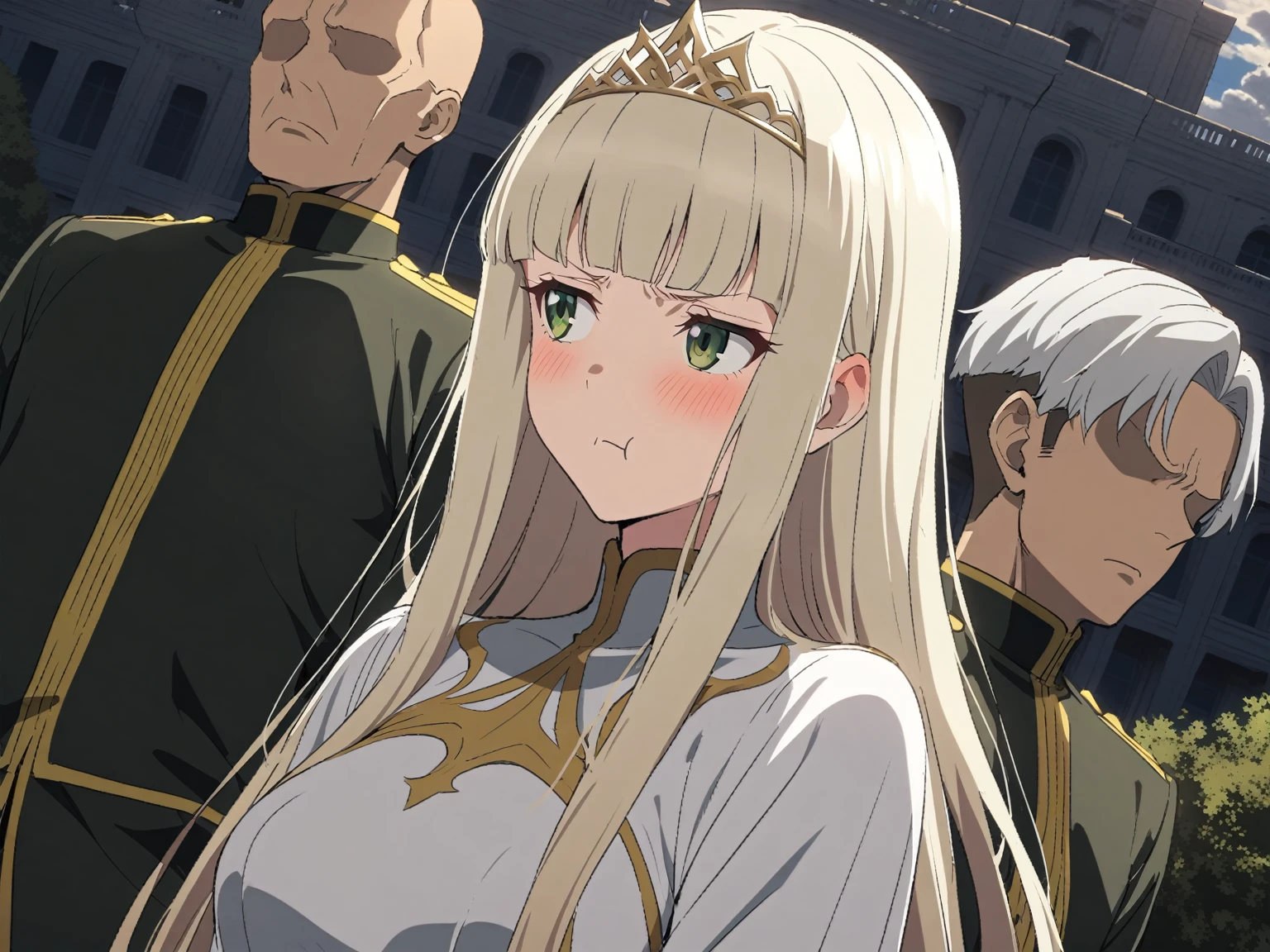 {{portrait, dutch angle}} {{Artist: Sincos}} 1 woman, 2 guards on either side restraining her, 2 men wearing armor, mature female, elegant, princess, medium breasts, straight hair, platinum blonde hair, long hair, hime cut, green eyes, white dress, gold trim, tiara, looking to side, pout, restrained by two men, faceless male, outdoors, garden, palace, cloudy, moonlight, window.