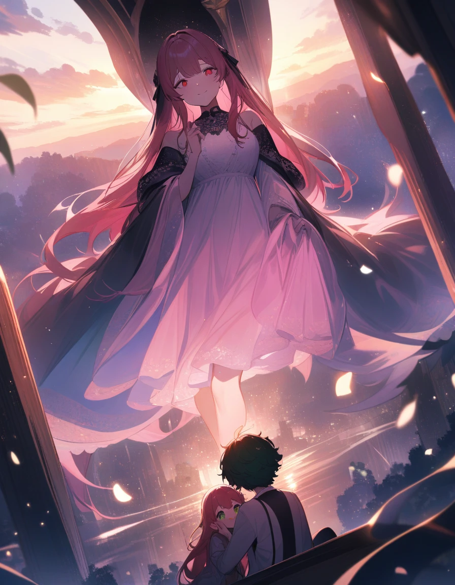 (couple), happy expression, love, super wide angle, 1girl, (((masterpiece, best quality, scenery, aesthetic, heavenly))), ((girl with red eyes, vibrant pink long hair)), ((intimate)), 1boy, ((boy with green eyes, short black curly hair, slightly taller))