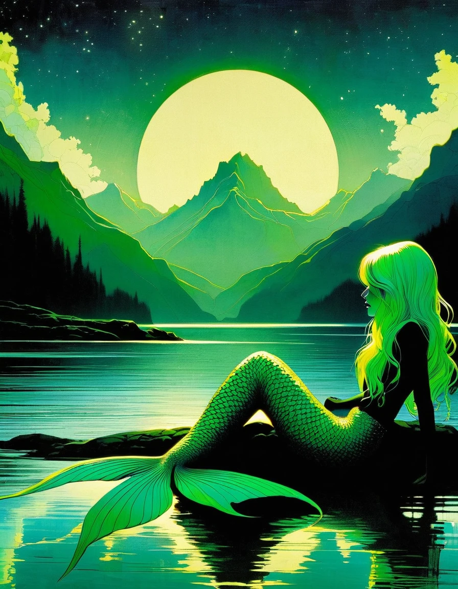 green hair, She is a mermaid with a long tail of fish and very beautiful, she is sitting cheerful and quiet, in the lake with an enclosed mountain, low and bright Darksynth aesthetic, minimalist background, gothic makeup, weird fashion photography, ultra detailed, masterpiece. night, God, full body, Decorative panels, Abstract artistic, Alphonse Mucha (tmasterpiece, Best quality, A high resolution: 1.4), A detailed, Complicated details,(art inspired by Bill Sienkiewicz) oil painting, details of brush strokes that enhance depth)