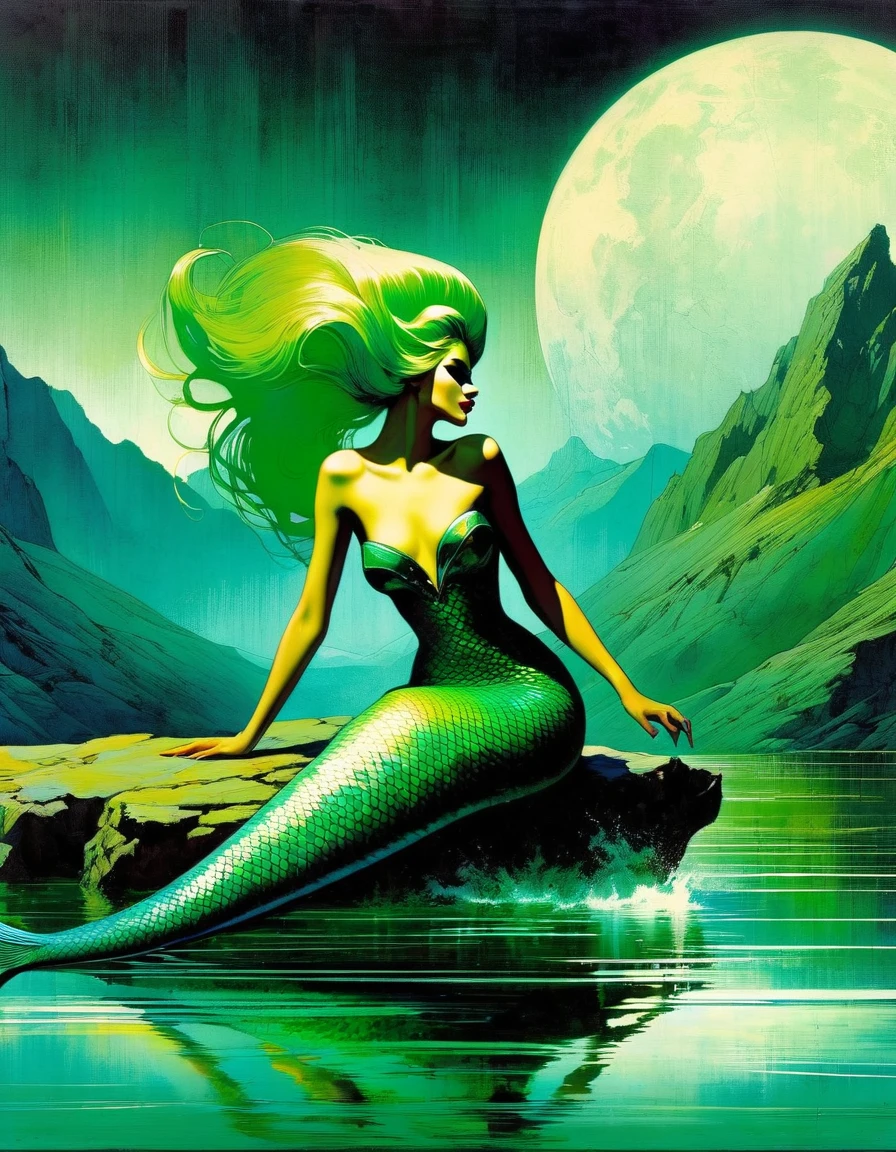 green hair, She is a mermaid with a long tail of fish and very beautiful, she is sitting cheerful and quiet, in the lake with an enclosed mountain, low and bright Darksynth aesthetic, minimalist background, gothic makeup, weird fashion photography, ultra detailed, masterpiece. night, God, full body, Decorative panels, Abstract artistic, Alphonse Mucha (tmasterpiece, Best quality, A high resolution: 1.4), A detailed, Complicated details,(art inspired by Bill Sienkiewicz) oil painting, details of brush strokes that enhance depth)