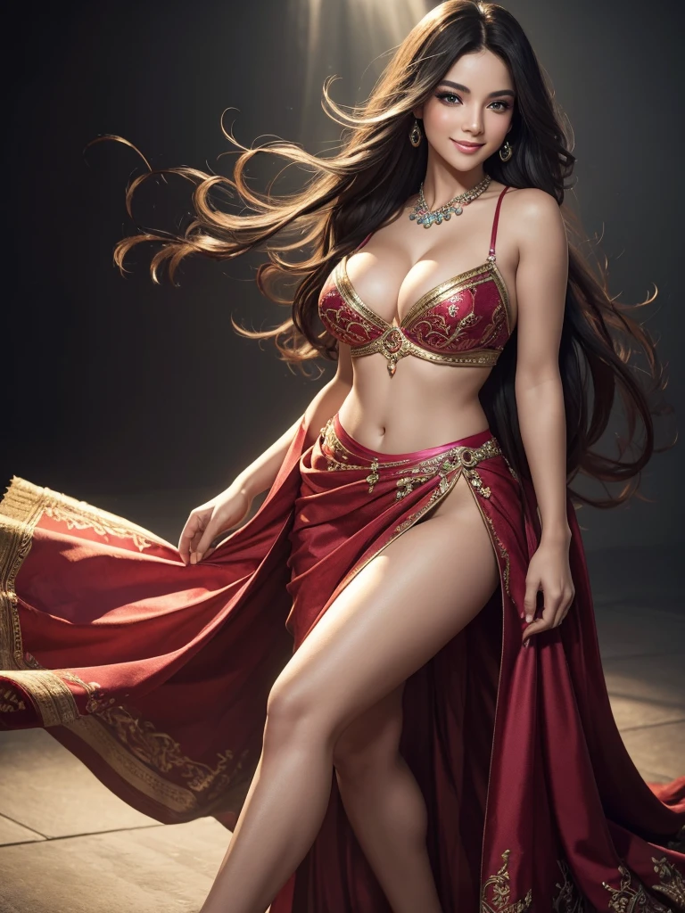 (best quality,ultra-detailed,photo-realistic:1.37),bright and vibrant colors,studio lighting,playful expression,stylish makeup, Long skirt with slit leg,hair flowing in the wind,alluring eyes,glossy lips,sexy pose, smiling in a confident and seductive way,posing for a professional photoshoot,shallow depth of field,highlighting the main subject,soft natural lighting,creating a dreamy and magical atmosphere.
