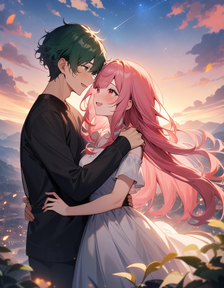 (couple), sky, embrace, happy expression, love, super wide angle, 1girl, (((masterpiece, best quality, scenery, aesthetic, heavenly))), ((girl with red eyes, vibrant pink long hair)), ((intimate)), 1boy, ((boy with green eyes, short black curly hair, slightly taller))
