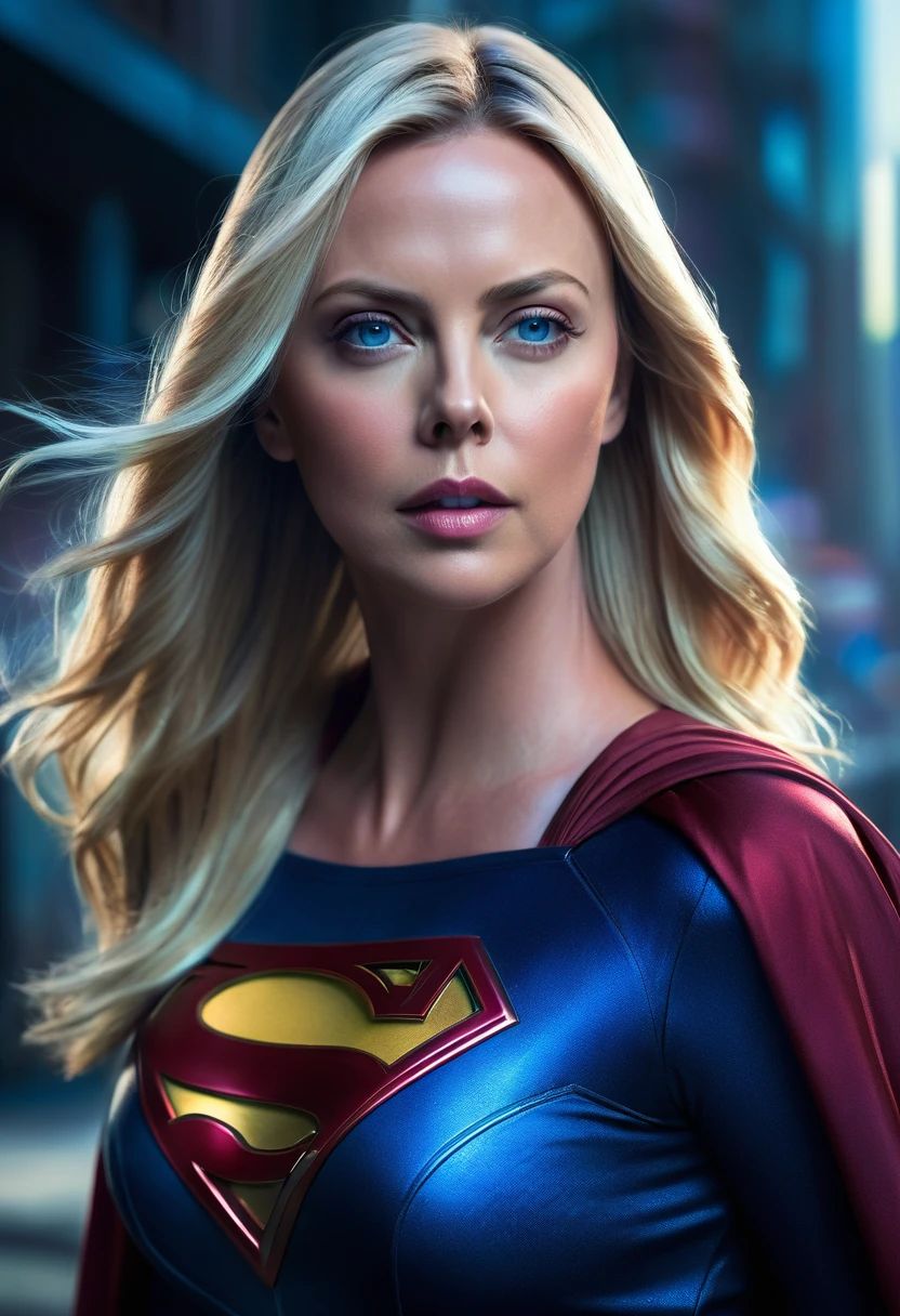 a woman with long blonde hair in a surreal cinematic portrait, Charlize Theron as Supergirl, dramatic lighting, hyper-realistic, 8k, photorealistic, vivid colors, color splash, best quality, masterpiece
