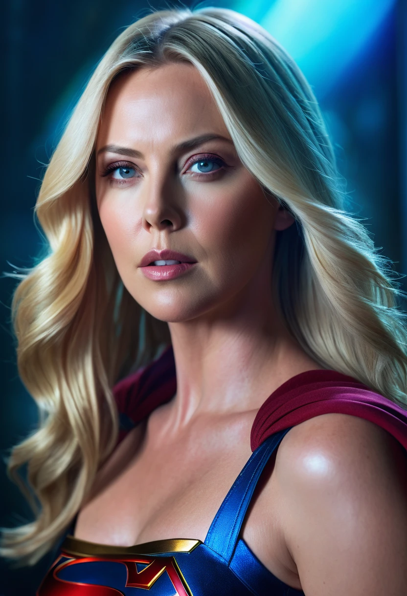 a woman with long blonde hair in a surreal cinematic portrait, Charlize Theron as Supergirl, dramatic lighting, hyper-realistic, 8k, photorealistic, vivid colors, color splash, best quality, masterpiece