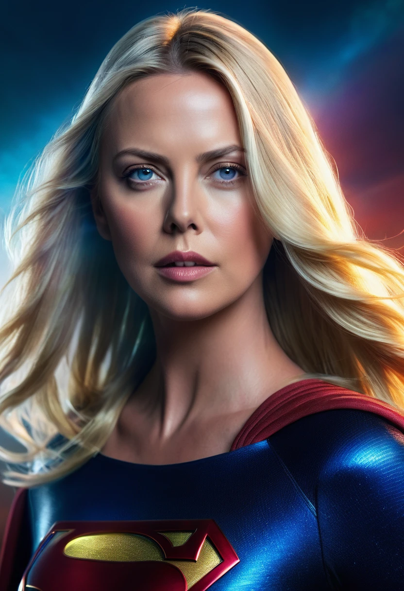 a woman with long blonde hair in a surreal cinematic portrait, Charlize Theron as Supergirl, dramatic lighting, hyper-realistic, 8k, photorealistic, vivid colors, color splash, best quality, masterpiece